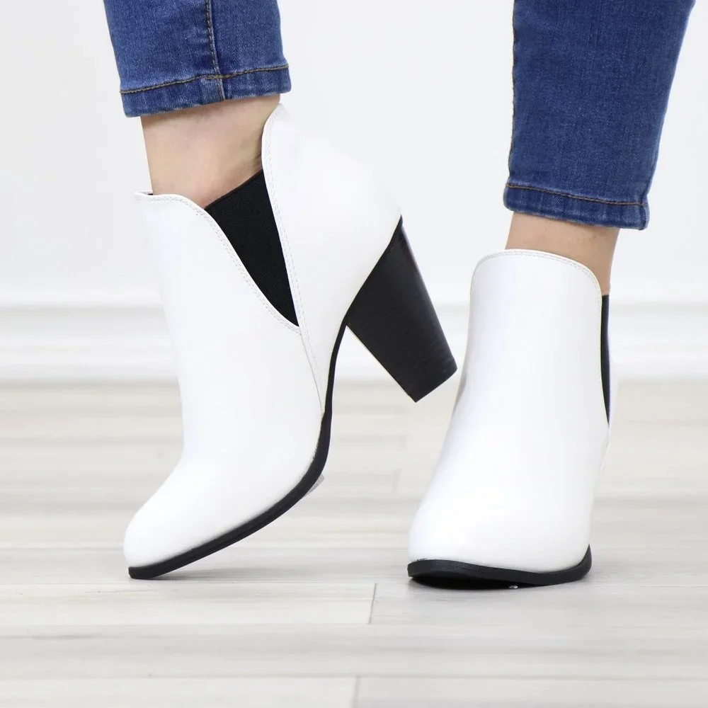 Chelsea Cone High Heel Ankle Boots White Synthetic Leather Pointed Toe - Picture 11 of 12